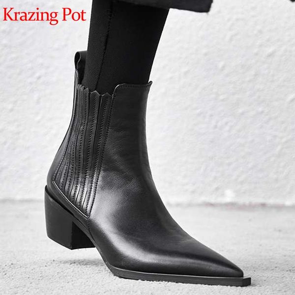 

krazing pot full grain leather boots thick med heel brand women concise design office lady ankle boots l09, Black