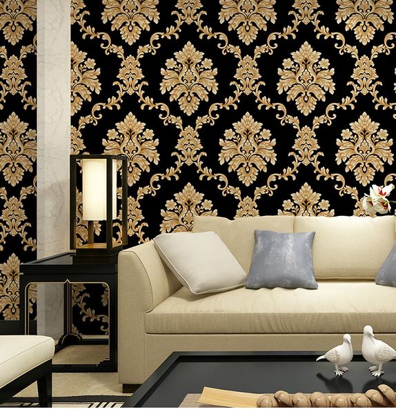 

european luxury embossed heavy texture damask vinyl wallpaper black pvc 3d living room bedroom home art decoration