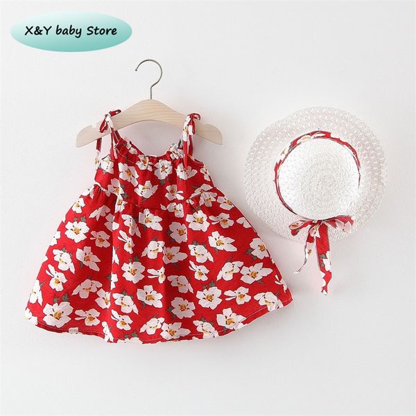 

2019 newborn baby girl cotton dress summer dress for baby girl kids sleeveless princess dresses+hat 2pcs clothing set, Red;yellow