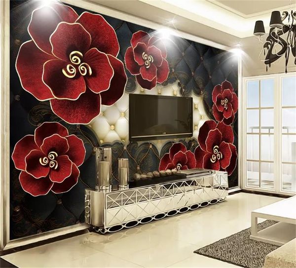 

3d wallpaper three-dimensional embossed leather flowers european 3d tv background wall painting wallpaper