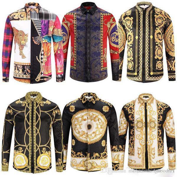 

wholesale ktv brand-name design clothing men's galaxy golden dragon print long-sleeved 3d shirt baroque print medusa shirt, White;black