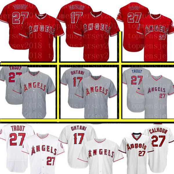 

Los Angeles 17 Shohei Ohtani 27 Mike Trout Angels Jersey Men's Majestic White Red Grey Retro FlexBase CoolBase Baseball Jerseys