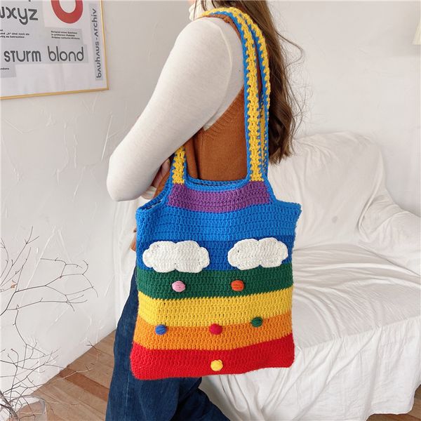 

2020 new thai-style handbag cute cloud pattern wool shoulder bags rainbow girls kawaii colorful panelled tote sac messenger bags