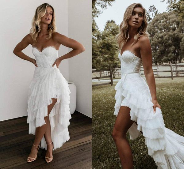 

2020 bohemian high low wedding dresses sweetheart lace appliqued vestidos de novia a line tiered skirts boho wedding dress, White