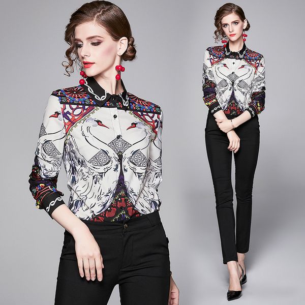 

elegant printed turndown collar shirts long sleeve women spring fall 2019 new runway luxury ladies casual office slim blouses button, White