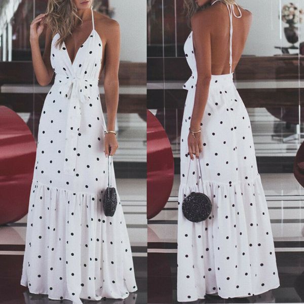 

fashion maxi dress women ladies casual bandage sleeveless boho polka dot backless bodycon long summer holiday sundress, Black;gray