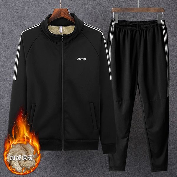 

winter men sportswear sporting suit thickness fleece jacket hoodie sweatshirt+pant running jogger fitness casual set tracksuit, Black;blue