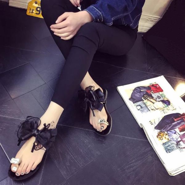 

2019 summer sandals slippers women flower bow flats heel open toe beach shoes casual shoes female women's flip flops size 36-42, Black