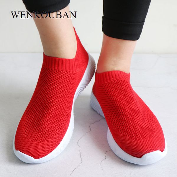 

women white sneakers female knitted vulcanized shoes casual slip on flats ladies sock shoes trainers summer tenis feminino 2020, Black