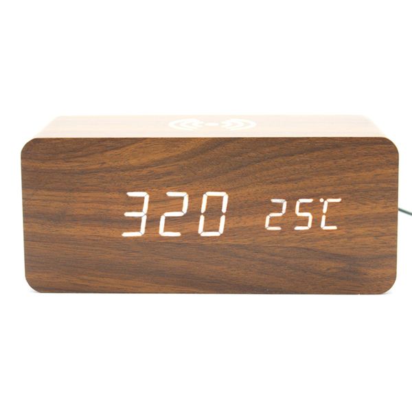 

qi wireless charger wooden clock gift digital display home alarm multifunction dual power usb rectangle desk led voice control