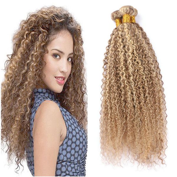 2019 Light Brown With Blonde Piano Color Curly Hair Bundles Mixed Highlights Color 8 613 Virgin Brazilian Kinkys Curly Human Hair Weave Extension From