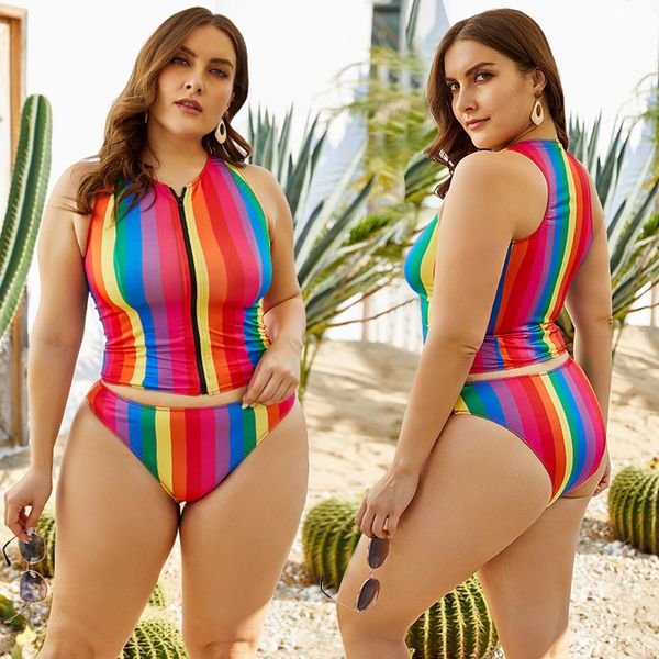 

european and american large size conservative zipper bikini split triangle swimsuit color stripes was thin beach pool 5xl, White;black