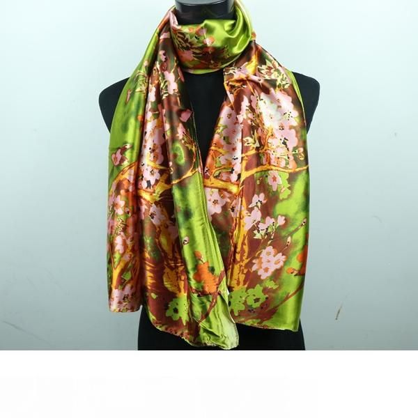 

6colors 1pcs green pink blue women's fashion satin plum tree oil painting long wrap shawl beach silk scarf 160x50cm 6colors, Blue;gray