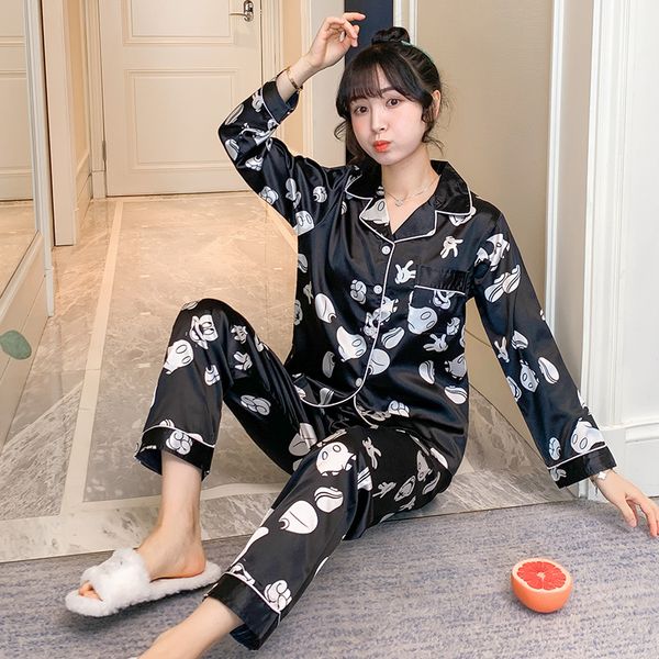 

ejiameijr all in one silk pajamas for women cartoon red black sleepwear spring 2020 pyjama women satin pijama mujer 2 piece sets, Black;red