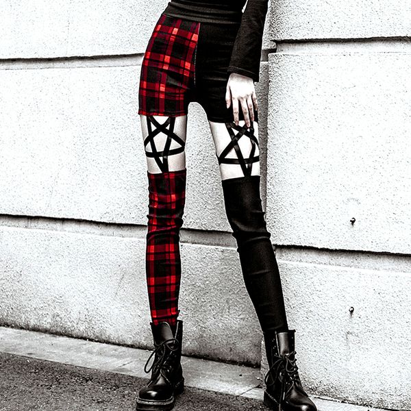 

2019 gothic red plaid pentagram pants high waist hollow out pentagram leggings elastic waist pencil pants skinny leggings punk y200418, Black;white