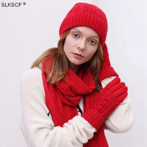 

slkscf] fashion three-piece suit knit scarf cap gloves new year gift hat red colour 30% wool caps scarves gloves, Blue;gray