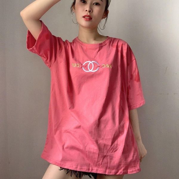 

web celebrity new double c letter embroidery spring and summer korean version t shirt popular logo loose students shirt short sleeve female, White