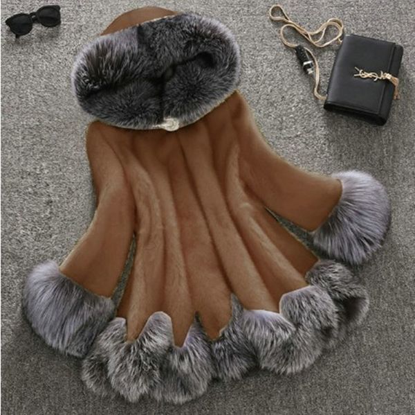 

high imitation fur coat women silver fox fur collar hooded rabbit fur coat medium-long overcoat plus size s-5xl winter coat, Black