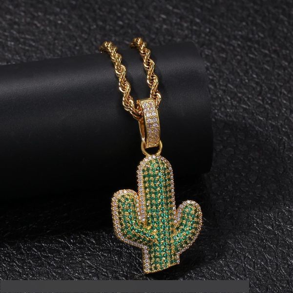 

хип-хоп кактус ожерелье для мужчин bling кубический цирконий iced out 18k позолоченный хип-хоп ожерелье мужские растения кулон ожерелья, Silver
