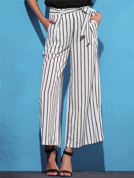 

women's pants classic striped high-waisted designer fashion wide-leg slacks casual luxury style fashion pants for women, Black;white