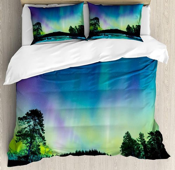 

aurora borealis duvet cover set sky over lake surrounded forest woods hemisphere print bedding set violet blue lime green purple