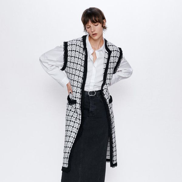 

zoepo tweed plaid printed vests women fashion casual v neck long coats women elegant slim pockets vests female ladies lm, Black;white