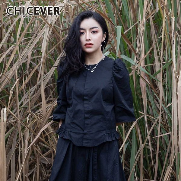 

chicever spring casual black women shirt o neck half sleeve patchwork ruffles loose slim female blouse 2019 fashion new tide, White