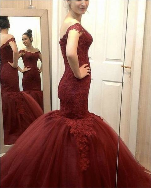 

amazing wine red mermaid off shoulders lace evening dresses formal gowns with sleeves tulle backless long pageant prom dress cheap, Black;red