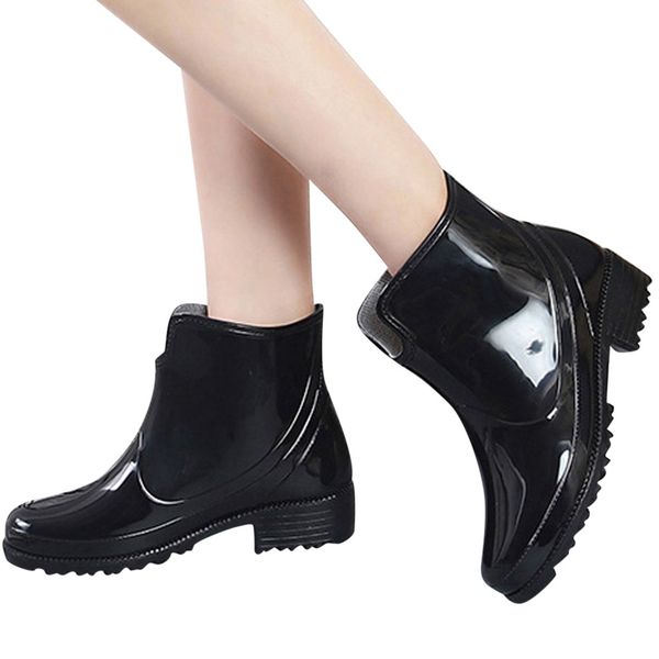 

rainboots punk style ankle rain boots women non-slip rain boots outdoor rubber water shoes casual flat heel round head, Black