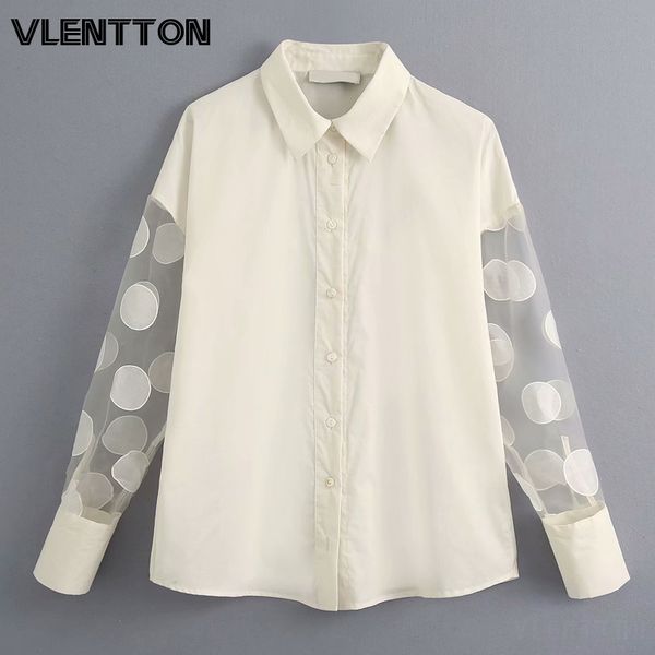 

women's blouses & shirts 2021 spring summer transparent dot splice shirt womens long sleeve button loose and ladies blusas camisa, White