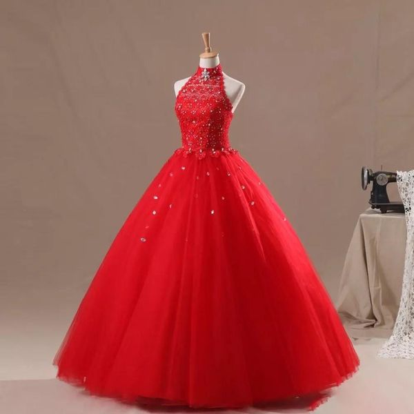 

halter a-line lace appliques 2019 red girl's pageant dresses bling bling crystal beaded floor length sleeveless flower girls party gown