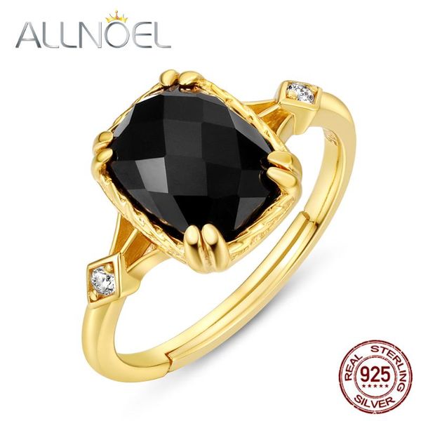 

allnoel 925 sterling silver ring for women pure natural black agate gemstone rings real gold engagement wedding jewelry sale, Golden;silver