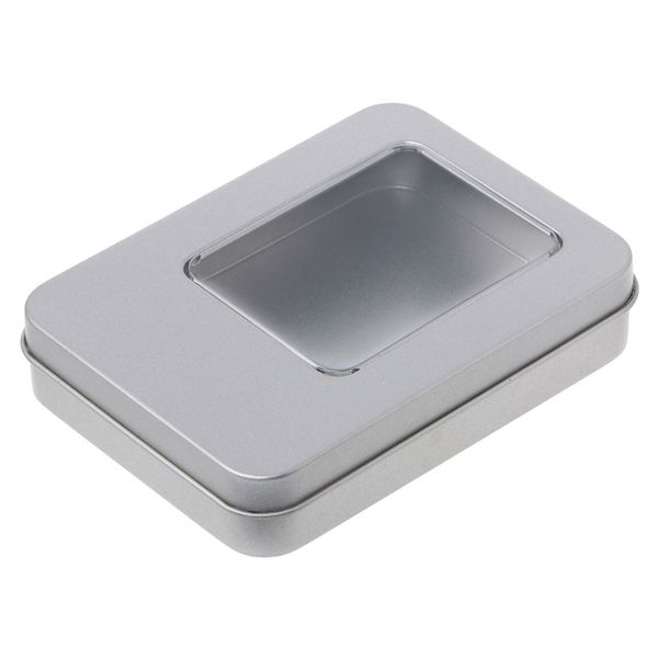 

rectangular tin silver storage box case organizer with half clear window lid