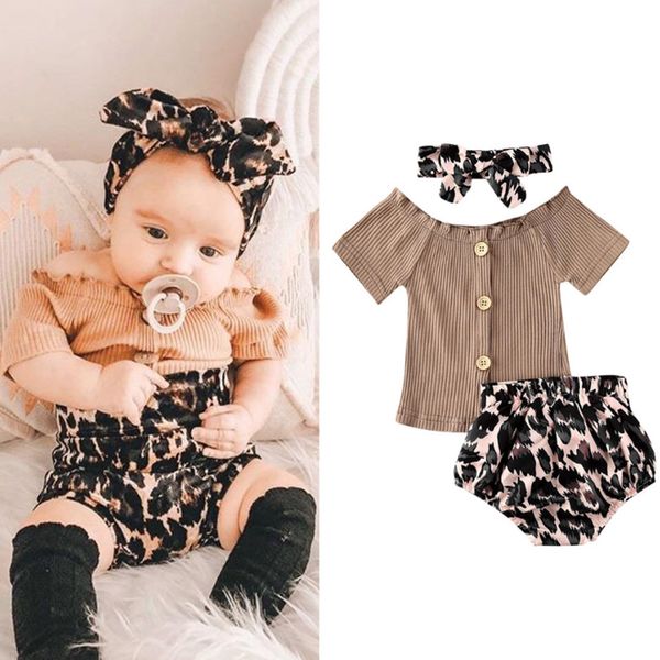 

3pcs fashion 2020 toddler kids girls clothes set romper ruffle leopard t-shirt+pant outfits party infant girls clothing, White