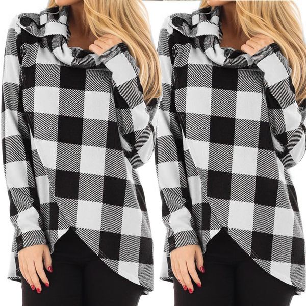 

womens hoodies sudadera mujer autumn plaid cowl neck wrap style sweatshirt pollover blouse fashion shirt hooded sweatshirt, Black