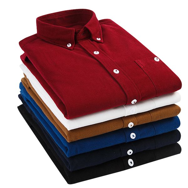 

2020 fashion long sleeve shirt men solid corduroy dress shirt business shirts mens casual slim fit button business shirts, White;black