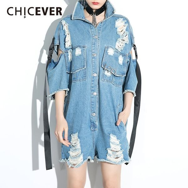 

chicever korean blue denim playsuit for women stand collar half sleeve hold loose playsuits female fashion new 2019 autumn, Black;white