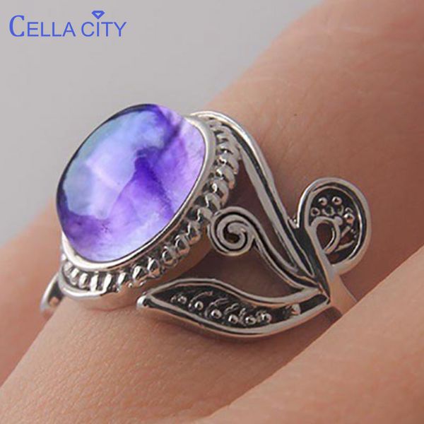

cellacity vintage amethyst 925 silver ring with round natural gemstone wedding engagement silver women fine jewelry size 6-10, Golden;silver