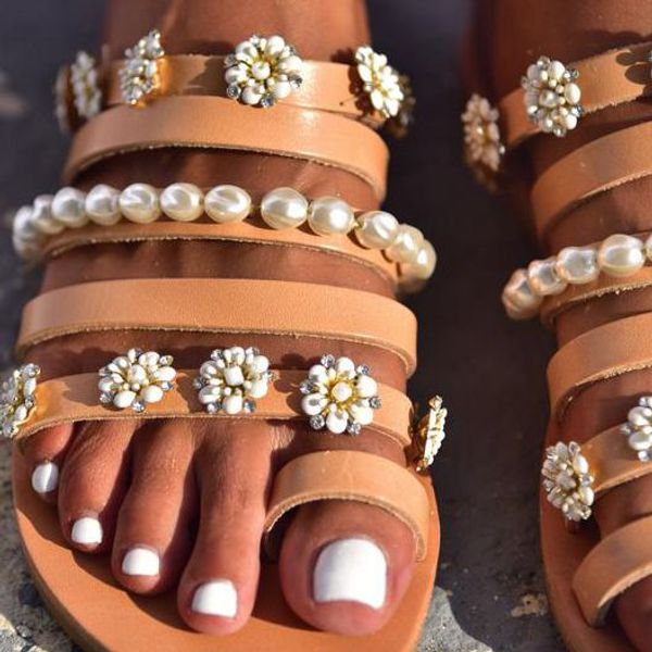 

layer women sandals bling simulated pearl beads flower summer shoes woman beach flat sandals flip flop ladies slippers female, Black