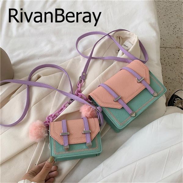 

pu leather panelled women crossbody bags 2020 fashion mini flap bag plush tassel pendant shoulder messenger bag lady small purse