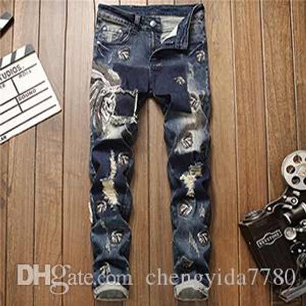 

джинсы хаки джинсы смешанный цвет брюки сплошной цвет узор рыцарь хип-хоп ретро брюки поворот старый патч окрашенные дизайнерские мужские дж, Blue