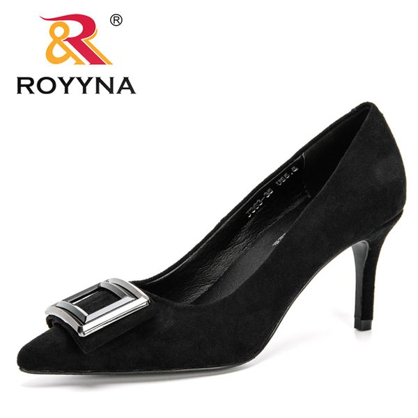 

royyna 2020 new designers популярные обувь женщина flock высокие каблуки женщин насосы женская обувь офис остроконечные toe платье обувь жен, Black