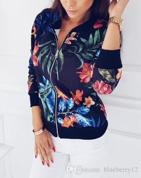 

women floral printed jackets for spring and autumn 2018 fashion stand collar baseball ribbed short jacket, Black;brown