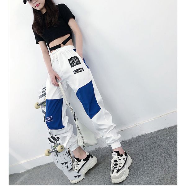 

высокая талия письмо сплайсированные брюки-карго женщины свободные harajuku bf длиной до щиколотки комбинезоны брюки плюс размер хип-хоп жен, Black;white