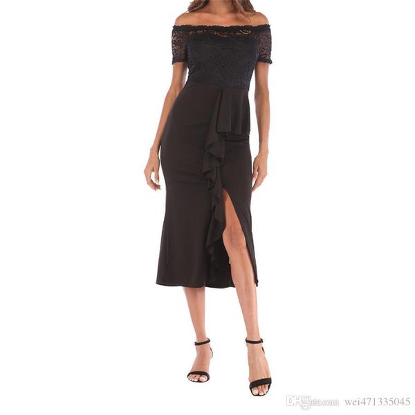 

spring summer split dress women short sleeve hollow out maxi red lace dresses female elegant party black dresses vestidos, Black;gray