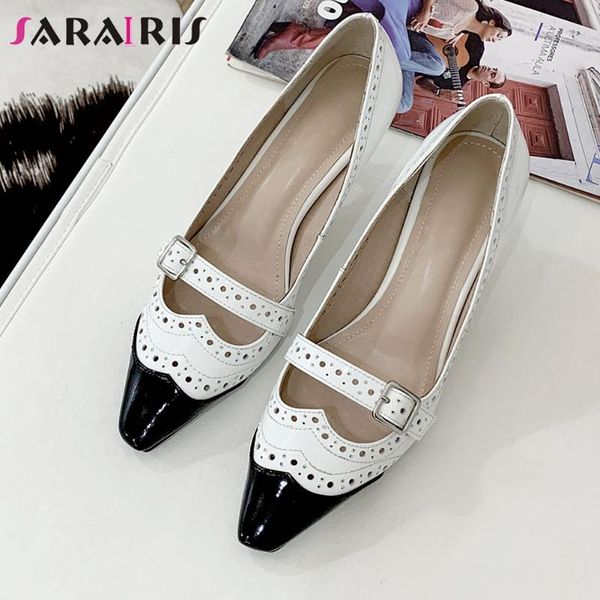 

sarairis fashion female pointed toe mixed color slip on thin heel pumps buckle pumps women spring shoes woman, Black
