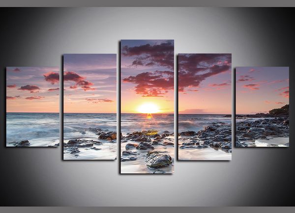 

5 panels sunset waves hit the rocks beach seascape artworks canvas wall art for kid home wall decor poster canvas print oil painting