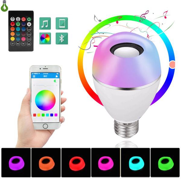 E27 12W alto-falante Bluetooth Smart Wireless Bulb jogar a música Lâmpada LED RGB Branco Regulável lâmpada de luz com APP 24 teclas do controle remoto