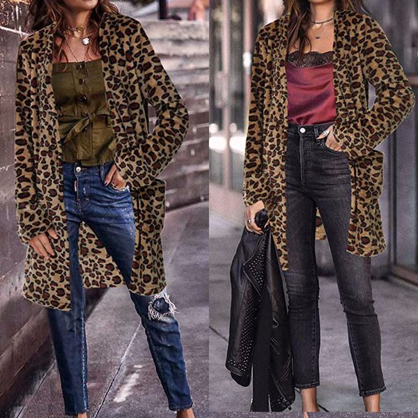 

fashion print autumn blouse long-sleeved casual coat women's long leopard print loose winter coat shirt#30, Black