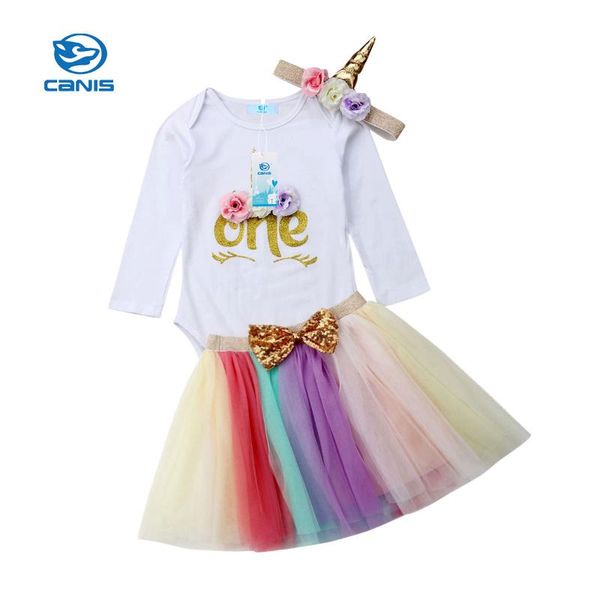 

2020 us 3pcs baby girl 1st birthday outfit party unicorn romper cake smash tutu summer dress 0-24m, White